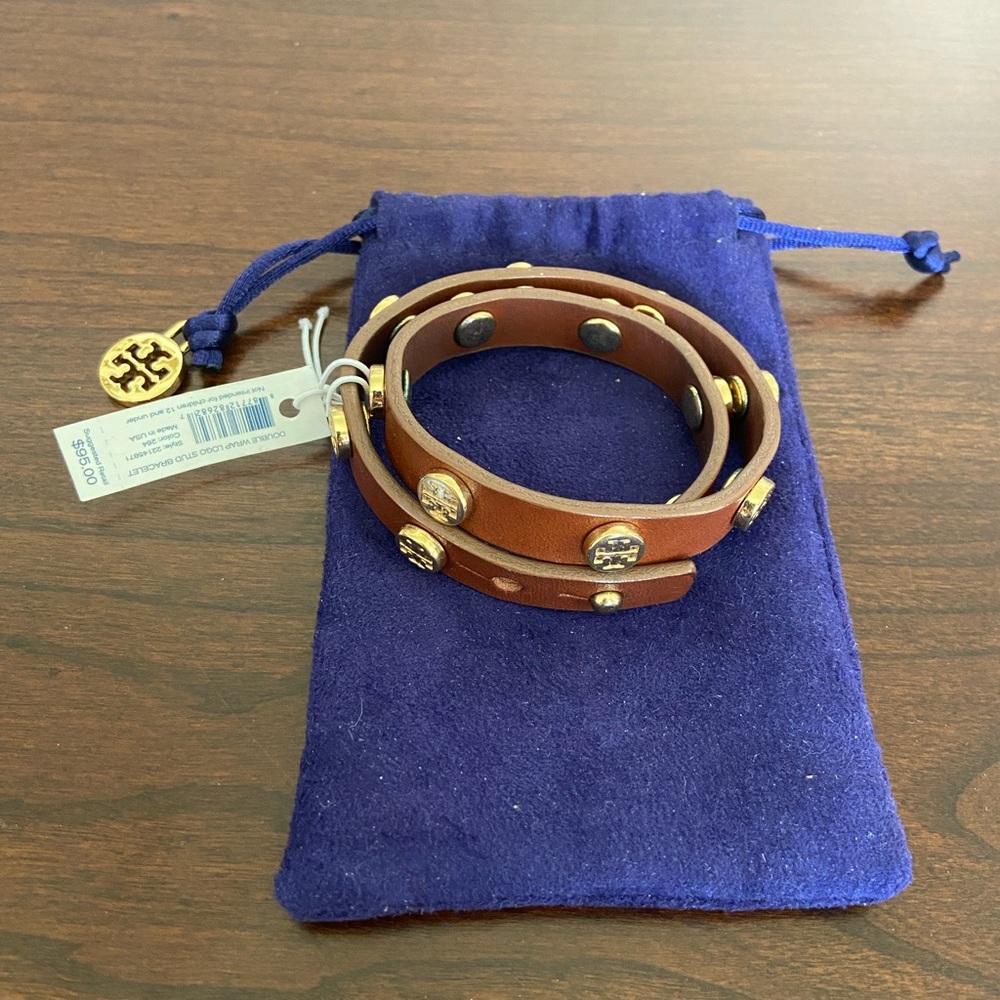 Tory Burch Brown Double Wrap Logo Stud Bracelet